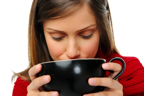 Girl drinking soup from bowl — Stock Photo, Image