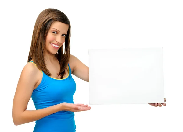 Woman holds blank board Stock Photo