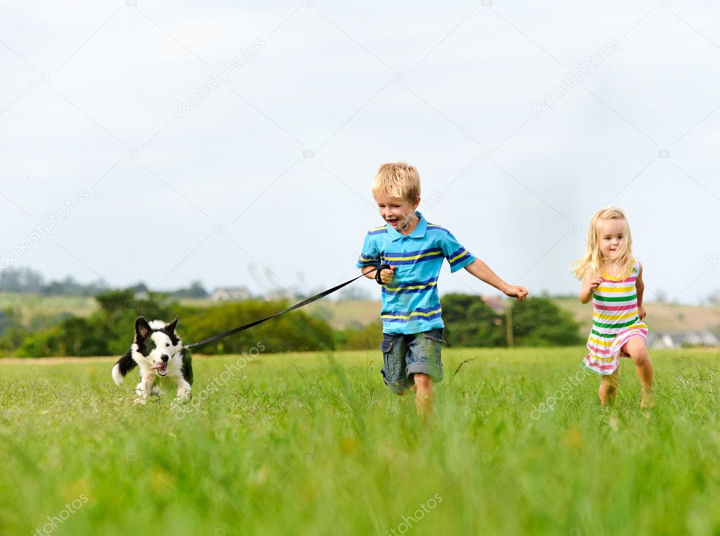 Happy children with dog