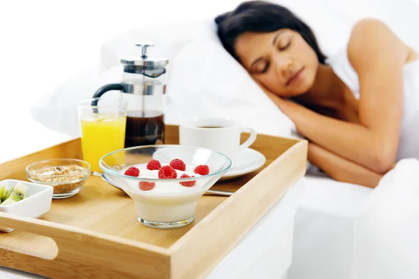 Breakfast in bed service — Stock Photo, Image