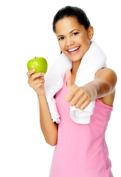 Mujer saludable gimnasio manzana — Foto de Stock