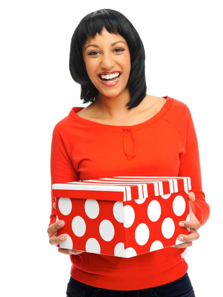 Pretty girl receives present — Stock Photo, Image