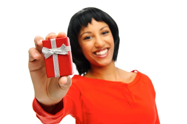 Pretty girl receives present — Stock Photo, Image