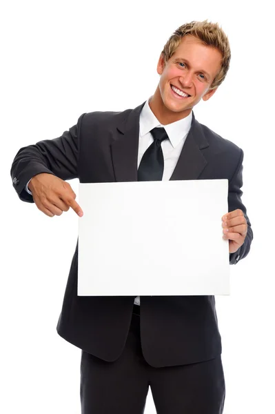A férfi kezét, fehér üres tábla mutatja közelről — Stock Fotó