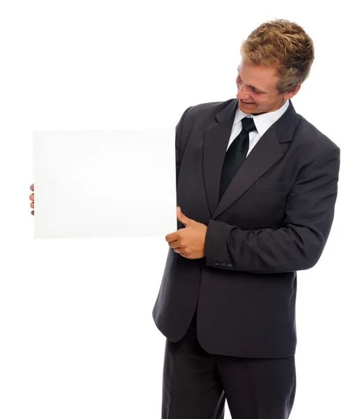 A férfi kezét, fehér üres tábla mutatja közelről — Stock Fotó