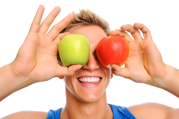 Deportista feliz con dos manzanas —  Fotos de Stock