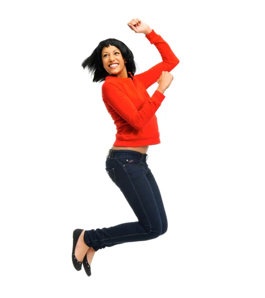 Excited woman jumps in joy Royalty Free Stock Photos