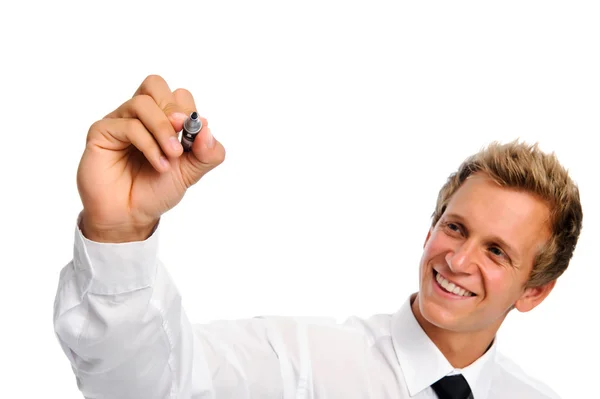 Smiling young businessman holds pen Stock Photo