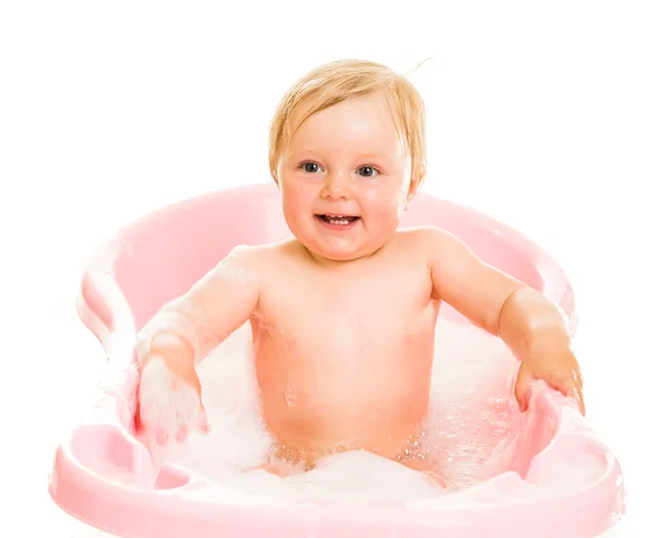 Linda niña en baño aislado en blanco —  Fotos de Stock