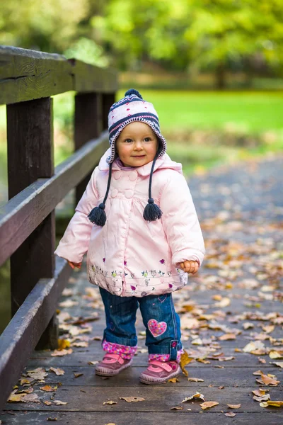 Infant baby girl in golden autumn park — Stock Photo, Image