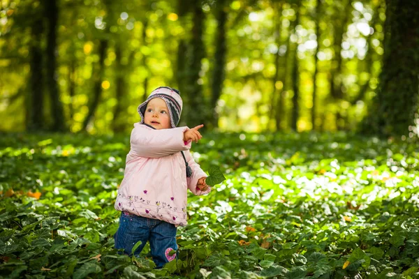 Niemowlę dziecko dziewczynka w złotej jesieni park — Zdjęcie stockowe