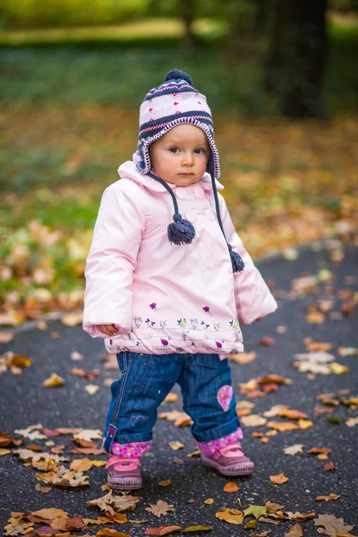 Kojenecká holčička v golden podzimní park — Stock fotografie