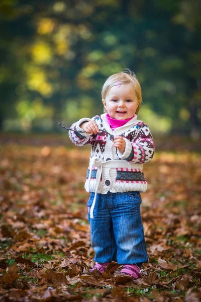 Niemowlę dziecko dziewczynka w złotej jesieni park — Zdjęcie stockowe