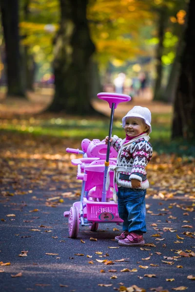 Niemowlę dziecko dziewczynka w złotej jesieni park — Zdjęcie stockowe