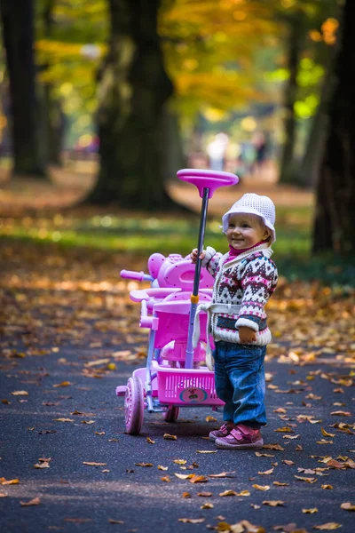 stock image Infant baby girl in golden autumn park