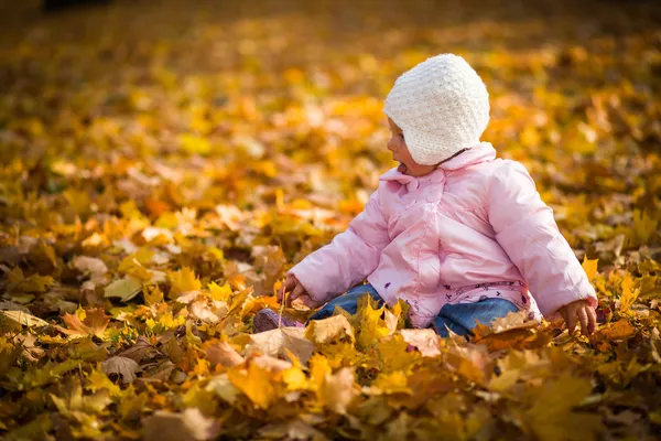 Infant baby girl in golden autumn park — Stock Photo, Image