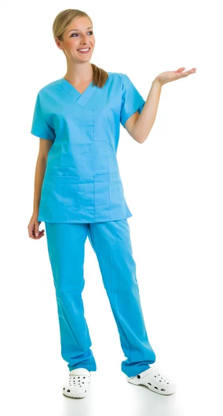 Mujer en traje médico aislado en blanco — Foto de Stock