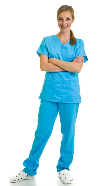 Femme en costume de médecin isolé sur blanc — Photo