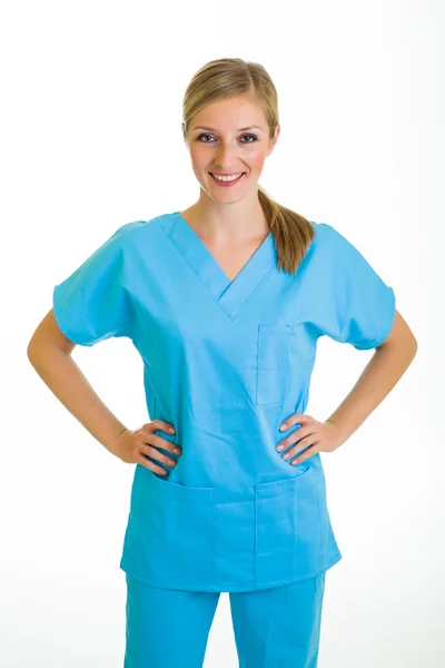 여자 의사 정장 흰색 절연 — 스톡 사진