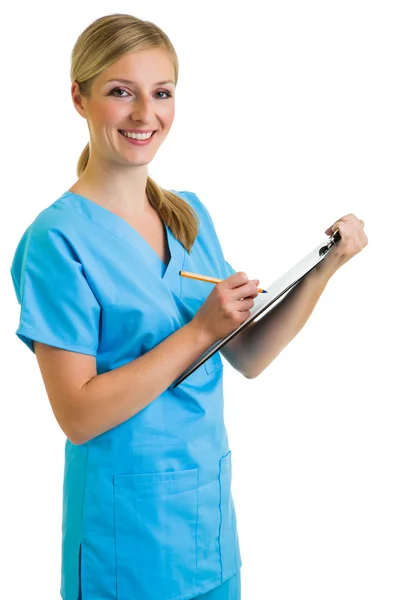 Mulher em terno médico isolado em branco — Fotografia de Stock