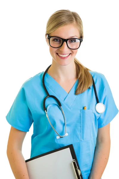 Vrouw in arts pak geïsoleerd op wit — Stockfoto