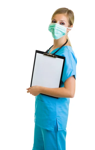 Mulher em terno médico isolado em branco — Fotografia de Stock