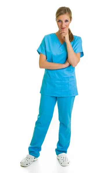 Woman in medical doctor suit isolated on white Stock Photo