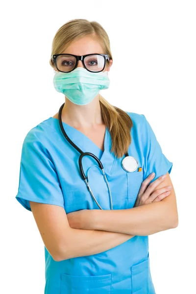 Woman in medical doctor suit isolated on white Stock Picture