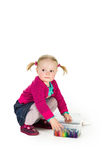 Infant baby girl drawing isolated on white — Stock Photo, Image