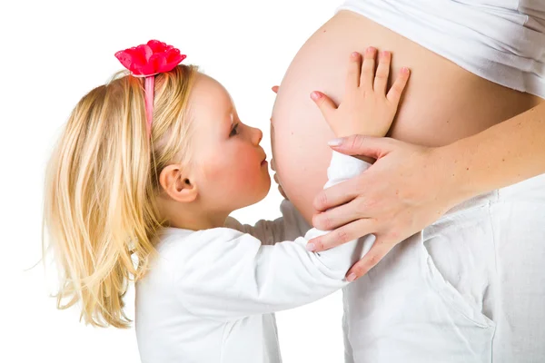 Terhes nő 2 yo lánya, fehér — Stock Fotó