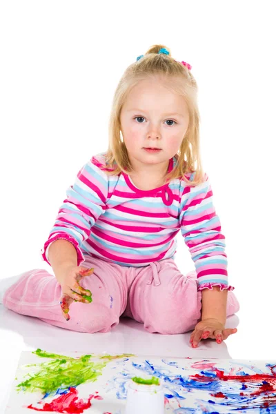 Child painting with fingers isolated on white — Stock Photo, Image