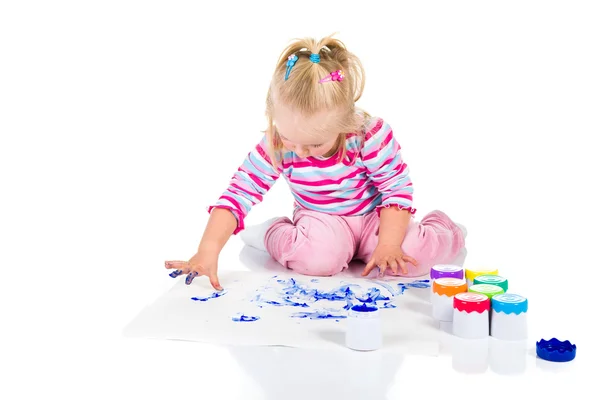 Child painting with fingers isolated on white — Stock Photo, Image
