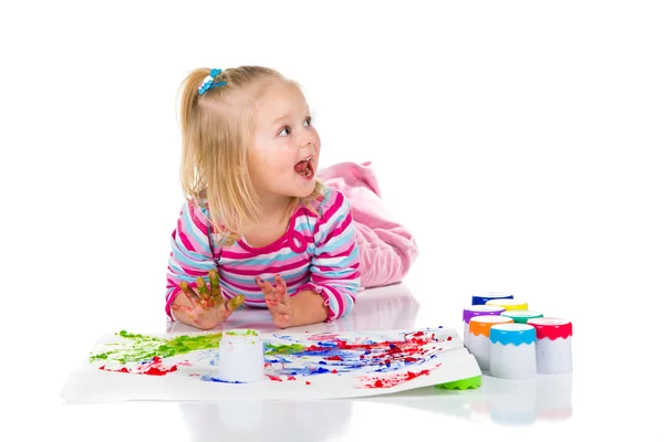 Child painting with fingers isolated on white — Stock Photo, Image