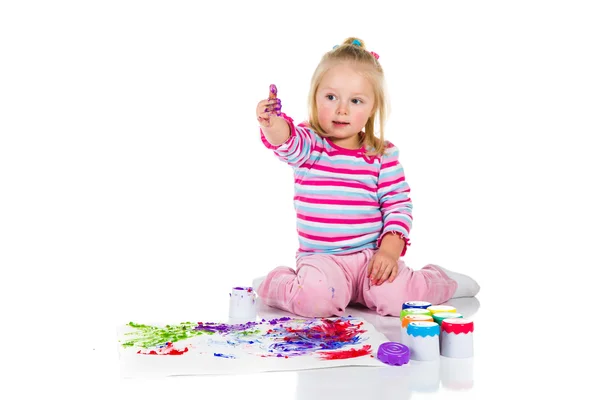 Child painting with fingers isolated on white — Stock Photo, Image