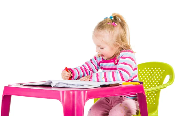 Child drawing with crayons isolated on white — Stock Photo, Image