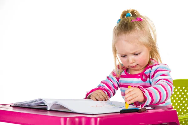 Child drawing with crayons isolated on white — Stock Photo, Image