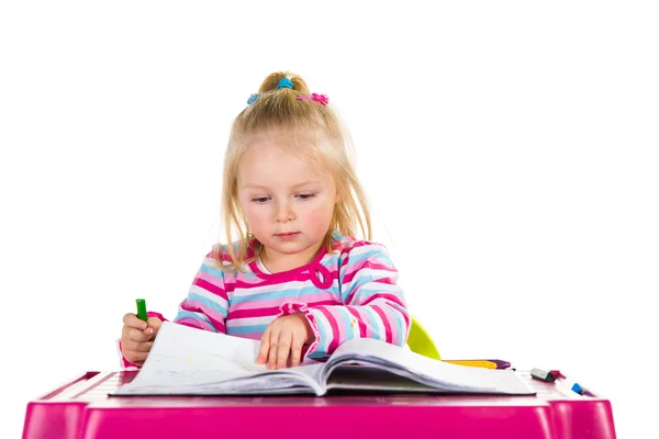 Child drawing with crayons isolated on white — Stock Photo, Image