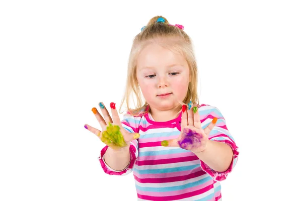 Child painting with fingers isolated on white — Stock Photo, Image