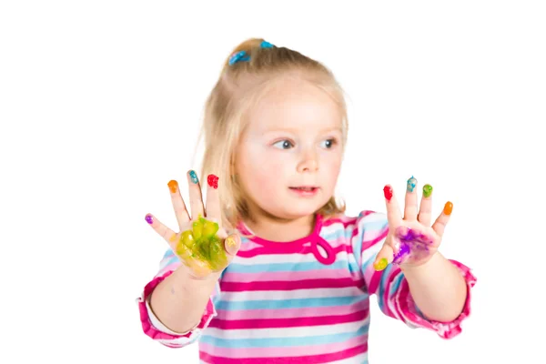 Child painting with fingers isolated on white — Stock Photo, Image