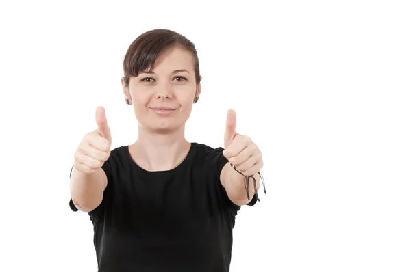 Happy smiling woman with thumbs up gesture — Stock Photo, Image