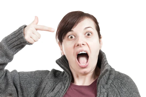 Woman trying to shoot herself with gun shaped hand — Stock Photo, Image