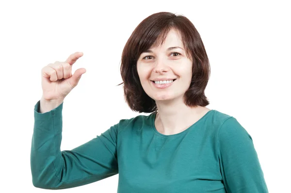 Mulher mostrando pequeno gesto coisa Fotos De Bancos De Imagens Sem Royalties
