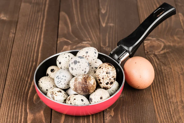 Frying pan with quail eggs — Stock Photo, Image