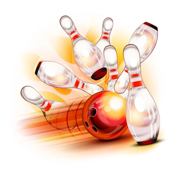 Boule de bowling s'écrasant dans les broches brillantes — Image vectorielle