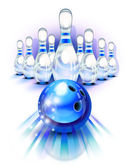 modrý bowling míč v pohybu a kolíky