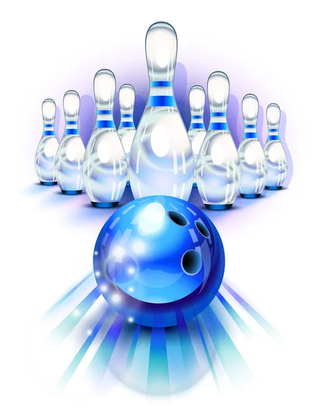 Blå bowlingklot i rörelse och stiften — Stock vektor