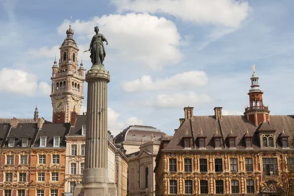 Facciate Storiche Nella Grand Place Lilla Campanile Della Chambre Commerce — Foto Stock