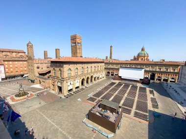 High-angle view of Piazza Maggiore in downtown Bologna, Italy