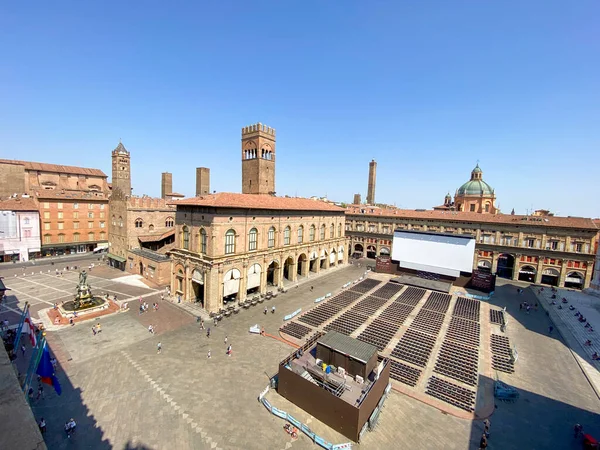 High-angle view of Piazza Maggiore in downtown Bologna, Italy