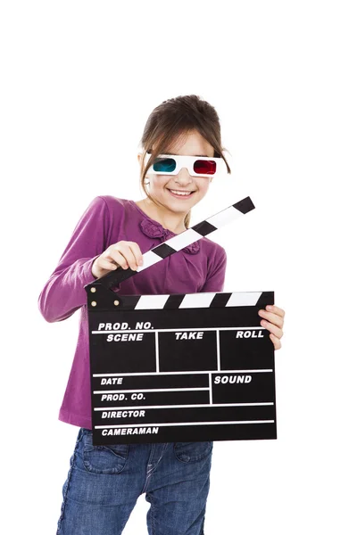 Girl with 3D glasses and a clapboard — Stock Photo, Image